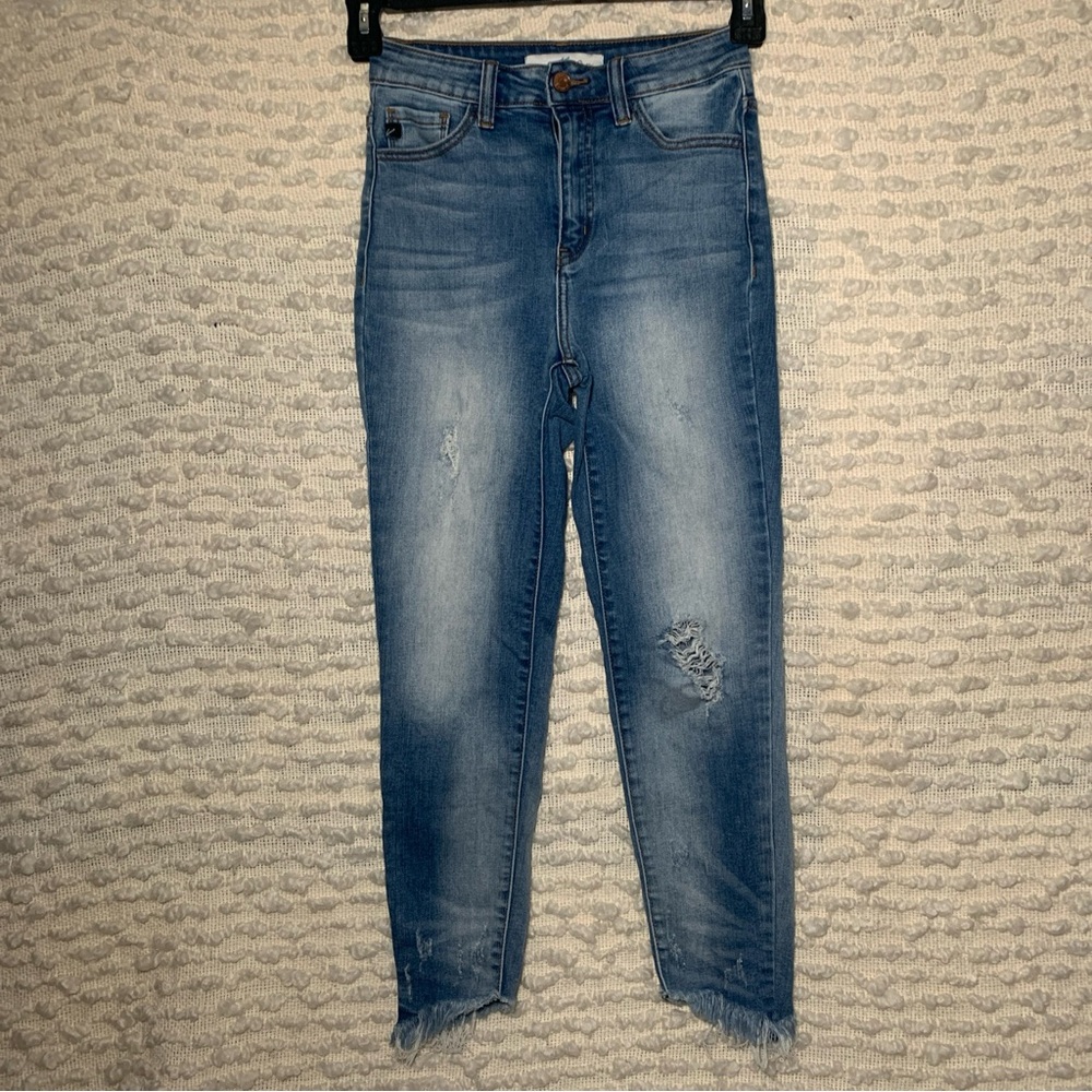 KANCAN WOMENS SIZE 1 BLUE JEANS STRETCH‎ SKINNY DISTRESSED FRAYED HEM FESTIVAL